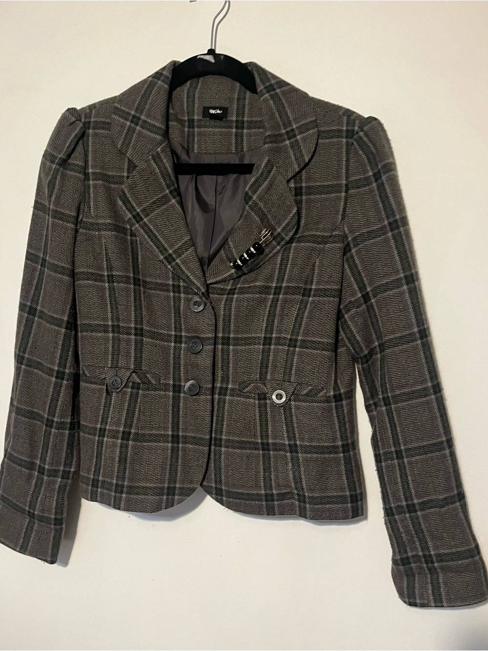 Mossimo Supply Co. Gray Plaid Tailored Blazer with Decorative Buckle